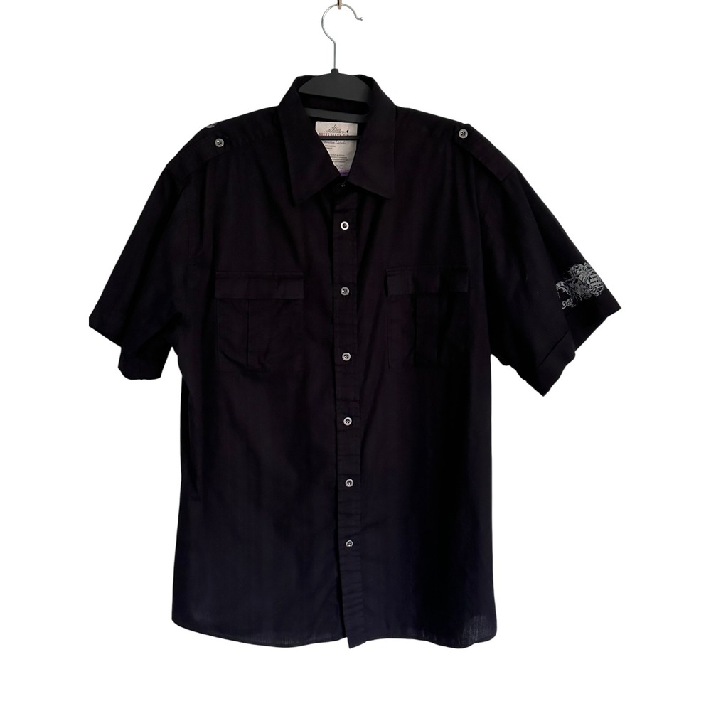 Route Sixty Six Button Down Shirt Mens XL Black Excellent Military Graphic Short